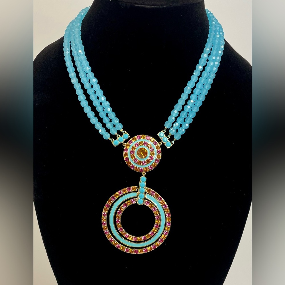 Mod Geometric Aqua Frosted Faceted Bead Statement Necklace, Multicolored Crystal